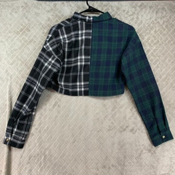 LA Hearts Womans S Crop Top Button Up Shirt Two Tone Plaid Long Sleeve Collared - Picture 14 of 16
